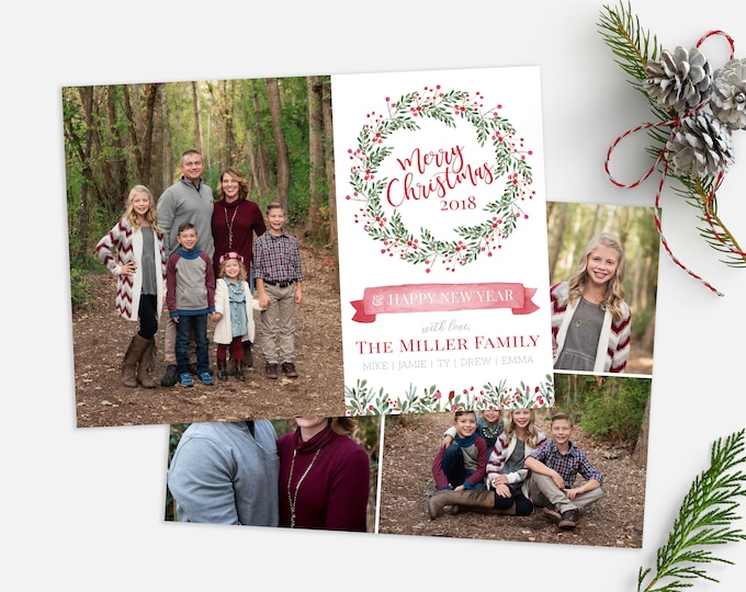 Christmas Card Template - Floral Wreath Watercolor Christmas - Christmas Template for Photoshop - Photographer Template - Digital Design