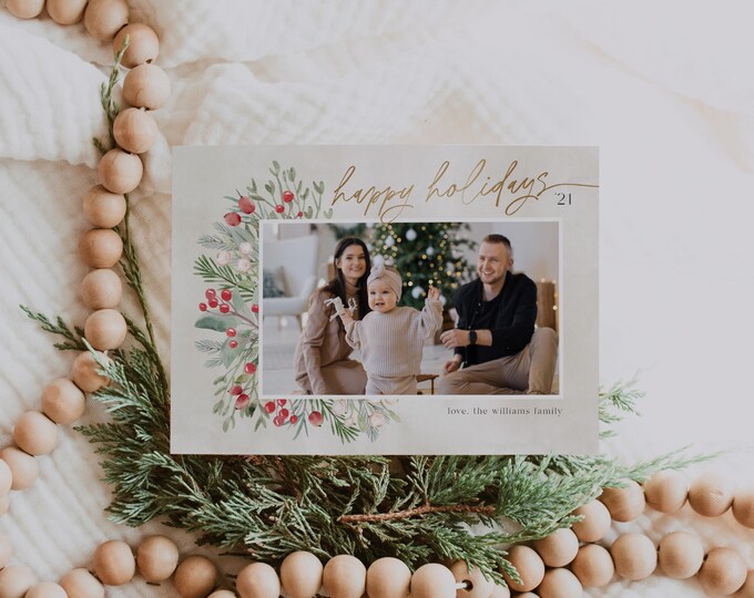 Christmas Card Template - Custom Holiday Photo Card - Modern Boho Floral Christmas Cards - Year in Review Photo Card - Digital Download