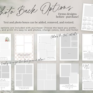 Pu&ograve; includere: Un set di otto opzioni di sfondo fotografico stampabili per un album di ritagli o un album fotografico. Ogni opzione presenta un layout diverso con spazio per foto e testo. I design includono un calendario, un riepilogo dell'anno e un tema natalizio.