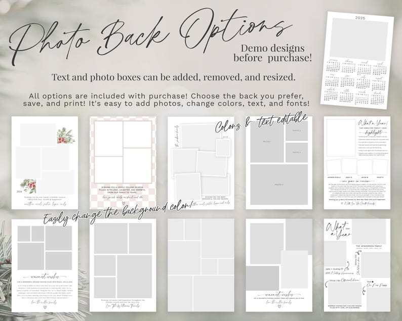 Pu&ograve; includere: Un set di otto opzioni di sfondo fotografico stampabili per un album di ritagli o un album fotografico. Ogni opzione presenta un layout diverso con spazio per foto e testo. I design includono un calendario, un riepilogo dell'anno e un tema natalizio.