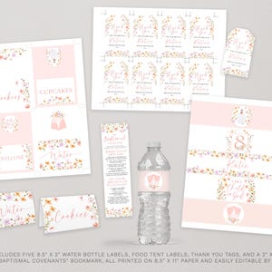 May include: Printable set of baptism party decorations featuring a floral design with pink, yellow, and white flowers. The set includes water bottle labels, food tent labels, thank you tags, and a bookmark with the text "My Baptismal Covenants".