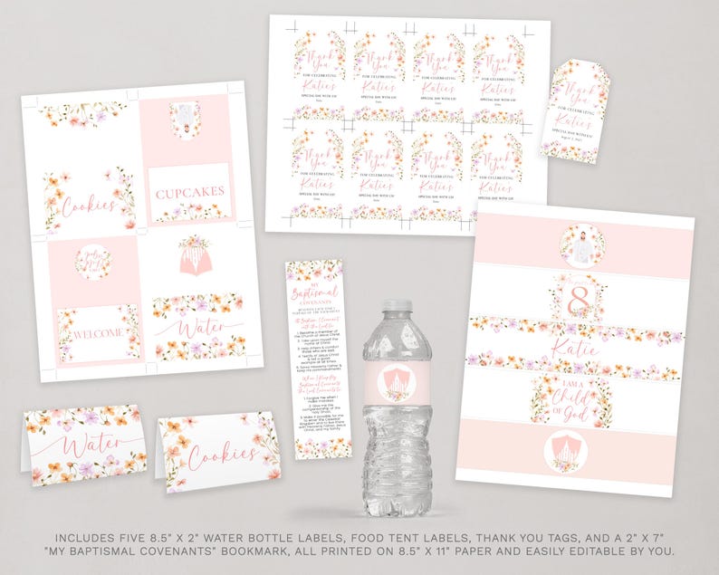 May include: Printable set of baptism party decorations featuring a floral design with pink, yellow, and white flowers. The set includes water bottle labels, food tent labels, thank you tags, and a bookmark with the text "My Baptismal Covenants".