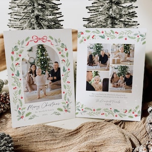 May include: A Christmas card with a watercolor wreath border and a family photo inside. The card says "Merry Christmas" and "The Mansfield Family" with the year 20XX. The card also includes a message wishing the recipient a happy holiday season.