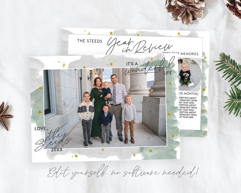 May include: A Christmas card featuring a family of five standing in front of a building. The card has a watercolor background with gold stars and the text "Year in Review, It's a Wonderful Life, Love, The Steeds, 20XX".