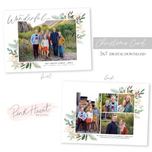 Op de afbeelding: Een digitale download voor een 5x7 kerstkaart met een familiefoto en een groene en gouden bloemrand. De voorkant van de kaart zegt "It's a Wonderful Life" en de achterkant zegt "We hope you have a wonderful Christmas season full of love and happiness."