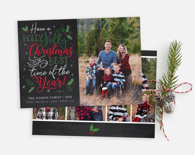 Christmas Card Template - Holiday Card - Holly Jolly Christmas Card - Merry Christmas - Photo Card Template - Editable Christmas Card