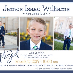 May include: A young boy dressed in a blue suit and tie is standing in front of a building. He is holding a book in his hand. The text on the image reads "James Isaac Williams Baptized A member of The Church of Jesus Christ of Latter-day Saints March 2, 2019 | 10:00 am Legacy Stake Center | 500 S Legacy Avenue | Kaysville, Utah ... Open house to follow the baptism at the Williams home."