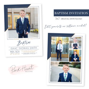 May include: Baptism invitation featuring a young boy in a navy suit and green tie. The invitation includes the text "Baptism of Isaac Thomas Smith" and event details. The design is a digital download, 5x7 inches.
