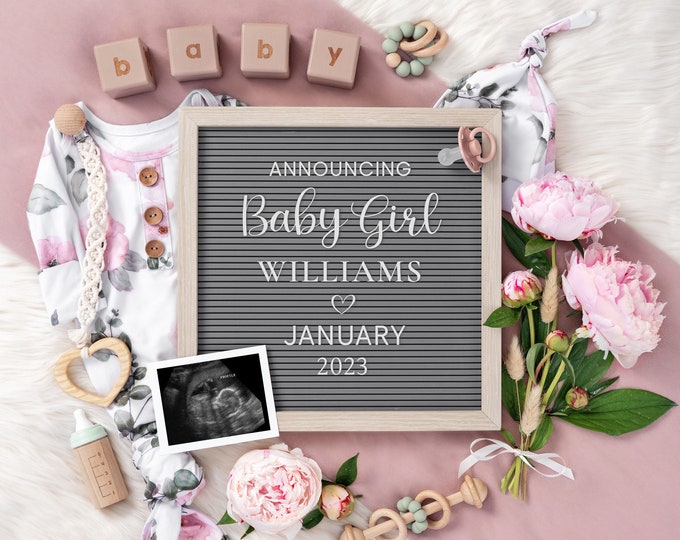 Girl Pregnancy Announcement Digital | Baby Girl Announcement | Editable Letter Board Social Media | Instagram Pregnancy Announcement | Corjl