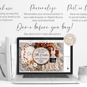 K&ouml;nnte beinhalten: Eine digitale Designvorlage f&uuml;r eine Baby-Ank&uuml;ndigung zum Thema Herbst. Das Design zeigt einen Holz-Kreis mit dem Text "Mach dich bereit, dich in unsere kleine K&uuml;rbis zu verlieben. Wir erwarten ein Baby! M&auml;rz 2023." Das Design enth&auml;lt auch einen Baby-Strampler, einen Holz-Hasen und ein kleines Ultraschallbild.