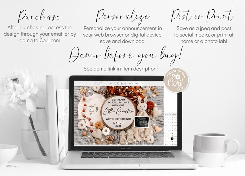 K&ouml;nnte beinhalten: Eine digitale Designvorlage f&uuml;r eine Baby-Ank&uuml;ndigung zum Thema Herbst. Das Design zeigt einen Holz-Kreis mit dem Text "Mach dich bereit, dich in unsere kleine K&uuml;rbis zu verlieben. Wir erwarten ein Baby! M&auml;rz 2023." Das Design enth&auml;lt auch einen Baby-Strampler, einen Holz-Hasen und ein kleines Ultraschallbild.