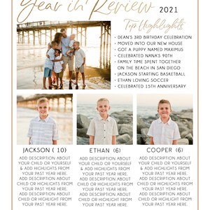 Puede incluir: Un collage de fotos familiares con un borde de estilo acuarela de hojas verdes y bayas rojas. El collage presenta una foto familiar de cuatro personas en una playa y tres fotos individuales de ni&ntilde;os. El texto "The Williams Family Year in Review 2021 Top Highlights" est&aacute; en la parte superior del collage. El texto debajo de cada foto incluye el nombre de la persona en la foto y su edad. El texto tambi&eacute;n incluye una indicaci&oacute;n para agregar una descripci&oacute;n de la persona en la foto y los aspectos m&aacute;s destacados de su a&ntilde;o pasado. El texto en la parte inferior del collage dice "Thankful for being reunited with extended family and friends! We feel blessed to be healthy and really enjoyed our family reunion together! We are grateful for our Savior and this Christmas season!"