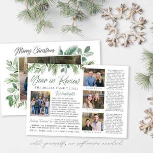 May include: A Christmas card with a watercolor background featuring green leaves and branches. The card has a photo collage of a family with the text "Merry Christmas" and "Dear in Review: The Miller Family | 2021" at the top. The card also includes a list of family highlights from the year, such as a family trip to New York, watching boys play tennis, and celebrating Nana's birthday.