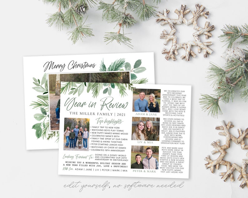 May include: A Christmas card with a watercolor background featuring green leaves and branches. The card has a photo collage of a family with the text "Merry Christmas" and "Dear in Review: The Miller Family | 2021" at the top. The card also includes a list of family highlights from the year, such as a family trip to New York, watching boys play tennis, and celebrating Nana's birthday.