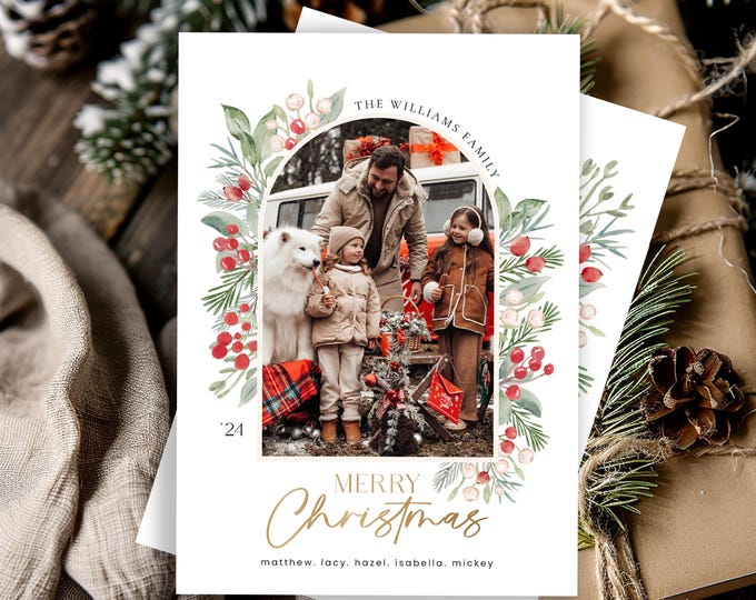 Christmas Card Template - Custom Holiday Photo Card - Modern Boho Floral Christmas Cards - Year in Review Photo Card - Digital Download