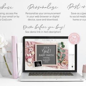 May include: A laptop screen displaying a digital announcement for a baby girl. The announcement features a pink and white color scheme with a chalkboard sign that reads "It's a Girl! Baby Smith arriving August 2022".
