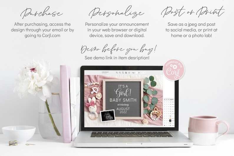 May include: A laptop screen displaying a digital announcement for a baby girl. The announcement features a pink and white color scheme with a chalkboard sign that reads "It's a Girl! Baby Smith arriving August 2022".