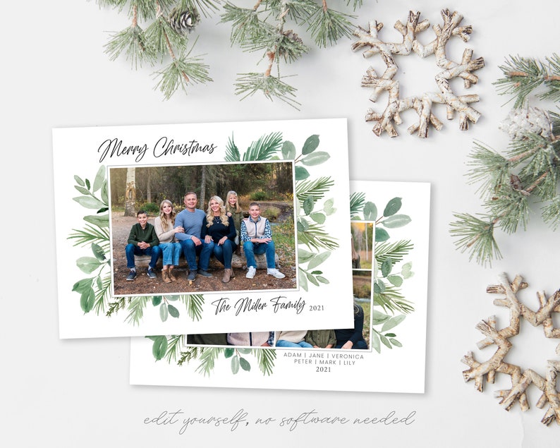 May include: A Christmas card with a green watercolor border and a family photo of seven people. The text "Merry Christmas" is at the top of the card and "The Miller Family 2021" is at the bottom. The names of the family members are listed below the family photo.
