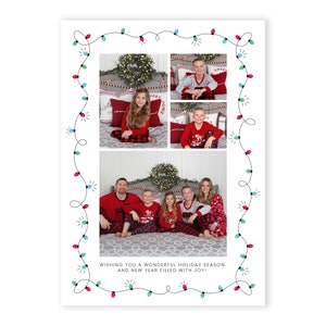 May include: A Christmas card featuring a family of five in red and white pajamas. The card has a border of colorful string lights and the text "Wishing you a wonderful holiday season and new year filled with joy!"