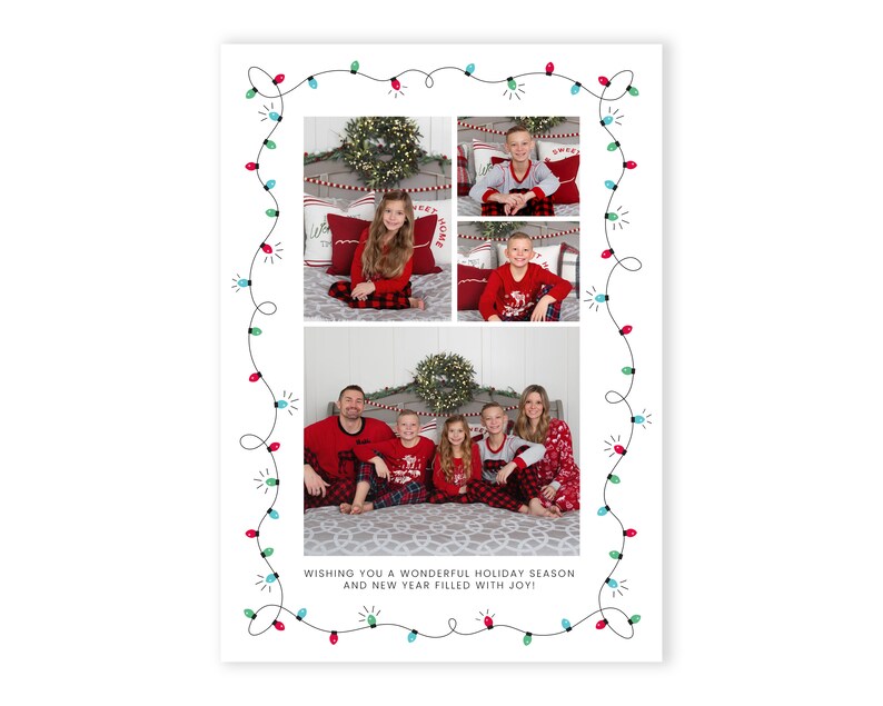 May include: A Christmas card featuring a family of five in red and white pajamas. The card has a border of colorful string lights and the text "Wishing you a wonderful holiday season and new year filled with joy!"