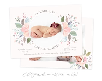 Floral Baby Girl Birth Announcement Card Template (Instant Download)
