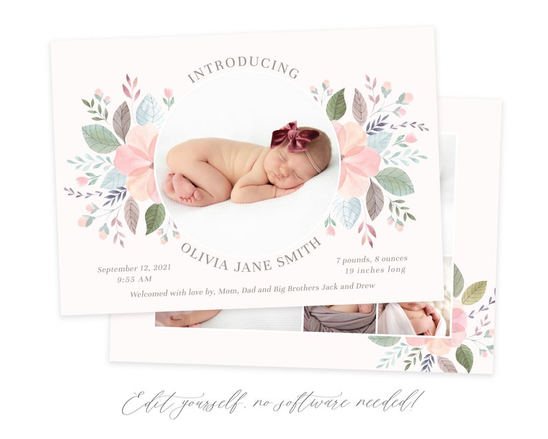 Customizable Birth Announcement Card Template for Baby Girls Baby Girl Announcement Card Instant Download image 1