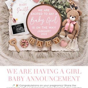 K&ouml;nnte beinhalten: Digitale Baby-Ank&uuml;ndigung in Rosa und Wei&szlig; mit einem rosa Buchstabenbrett, auf dem steht "Wir freuen uns, euch mitzuteilen, dass es ein M&auml;dchen wird! Januar 2025". Die Ank&uuml;ndigung ist umgeben von einem Teddyb&auml;r, einem Baby-Strampler, Holzbl&ouml;cken, die "BABY" buchstabieren, und einem Baby-Ultraschallbild.