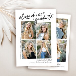 May include: A graduation announcement with a collage of four photos of a young woman. The announcement includes the text "class of 2024 graduate", "Faithulle High School", "Attending Arizona State in the Fall", and "Pavillion/320 N Main Street".