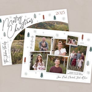 May include: A Christmas card featuring a family portrait with a festive design. The card has a white background with a red and green color scheme. The text "Merry Christmas" is written in a cursive font. The family is pictured in a collage of photos, with a mountain landscape in the background. The card also includes the text "The Jackson Family" and "Wishing you the most wonderful holiday season."