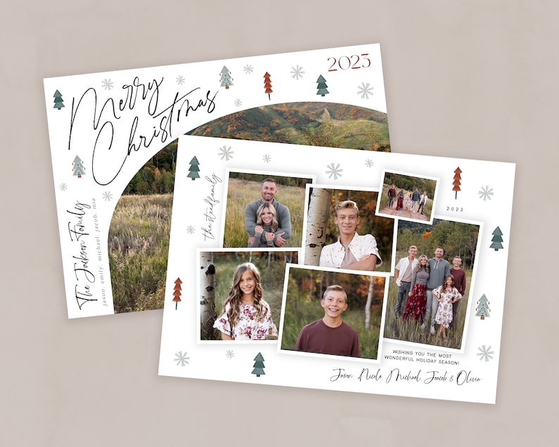 May include: A Christmas card featuring a family portrait with a festive design. The card has a white background with a red and green color scheme. The text "Merry Christmas" is written in a cursive font. The family is pictured in a collage of photos, with a mountain landscape in the background. The card also includes the text "The Jackson Family" and "Wishing you the most wonderful holiday season."
