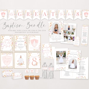 Puede incluir: Un paquete imprimible para una fiesta de bautizo con tem&aacute;tica floral. El paquete incluye una pancarta, invitaciones, letreros y otras decoraciones. Los colores son rosa, blanco y verde.