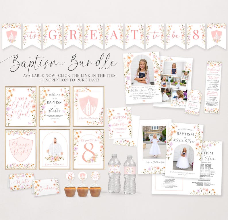 Puede incluir: Un paquete imprimible para una fiesta de bautizo con tem&aacute;tica floral. El paquete incluye una pancarta, invitaciones, letreros y otras decoraciones. Los colores son rosa, blanco y verde.