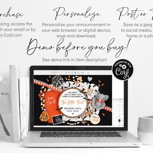 May include: A laptop screen displaying a Halloween-themed baby announcement design. The design features a black and orange color scheme with a baby onesie, a pumpkin, and a sign that reads "Our Little Feet Are Brewing Until April 2024".