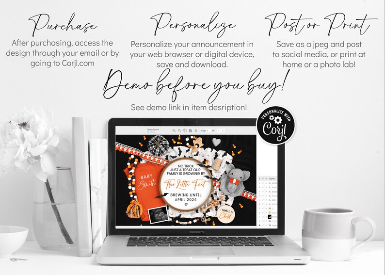 May include: A laptop screen displaying a Halloween-themed baby announcement design. The design features a black and orange color scheme with a baby onesie, a pumpkin, and a sign that reads "Our Little Feet Are Brewing Until April 2024".