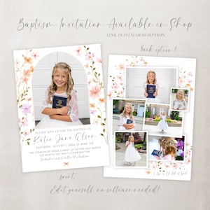 May include: A printable baptism invitation featuring a floral border and a photograph of a young girl holding a book. The text on the invitation reads "Please join us for the baptism of Katie Jane Olsen, Saturday, 1 August 2024 at 10:00 AM, The Church of Jesus Christ of Latter-day Saints, 125 North 100 West | Farmington, Refreshments to follow the baptism."