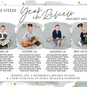 May include: A year in review photo collage featuring four children, each with their name and age. The collage has a green watercolor background with gold stars. The text "The Steeds" and "Year in Review" are at the top of the collage. The text "20XX Best Memories" is at the top right of the collage. The text "Wishing you a wonderful holiday season & a new year full of peace, health & happiness!" is at the bottom of the collage.
