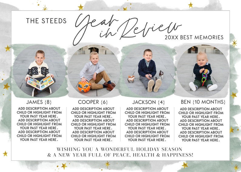 May include: A year in review photo collage featuring four children, each with their name and age. The collage has a green watercolor background with gold stars. The text "The Steeds" and "Year in Review" are at the top of the collage. The text "20XX Best Memories" is at the top right of the collage. The text "Wishing you a wonderful holiday season & a new year full of peace, health & happiness!" is at the bottom of the collage.