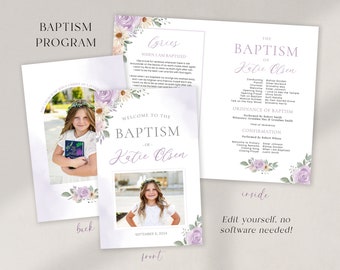 LDS Baptism Program Girl - Lavender Girl Baptism Program LDS - Editable Floral Program - Instant Download - Baptism Program Template - Corjl