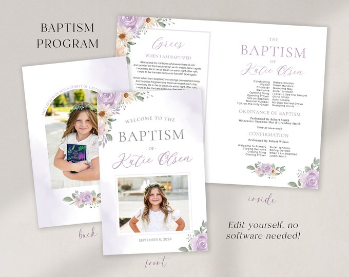 LDS Baptism Program Girl Baptism Program LDS Baptism Invitation LDS Girls Baptism Program Purple Lavender