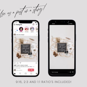 May include: A digital mockup of a phone screen showing a social media post announcing a pregnancy. The post features a chalkboard sign with the text "We've been keeping a little secret" and a due date of September 2023. The post is surrounded by a variety of baby-themed props, including a white blanket, a wooden rattle, and a pair of brown baby shoes.