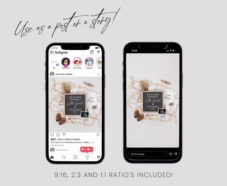 May include: A digital mockup of a phone screen showing a social media post announcing a pregnancy. The post features a chalkboard sign with the text "We've been keeping a little secret" and a due date of September 2023. The post is surrounded by a variety of baby-themed props, including a white blanket, a wooden rattle, and a pair of brown baby shoes.
