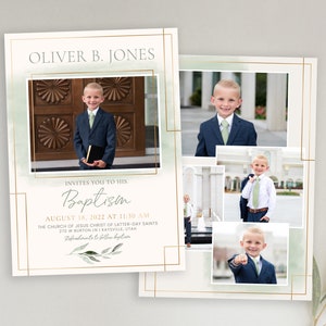 May include: A baptism invitation with a green watercolour background and gold accents. The invitation features a photo of a young boy in a suit and tie. The text reads "Oliver B. Jones invites you to his Baptism August 18, 2022 at 11:30 AM The Church of Jesus Christ of Latter-day Saints 270 W Burton in Kaysville, Utah Reception to follow baptism"
