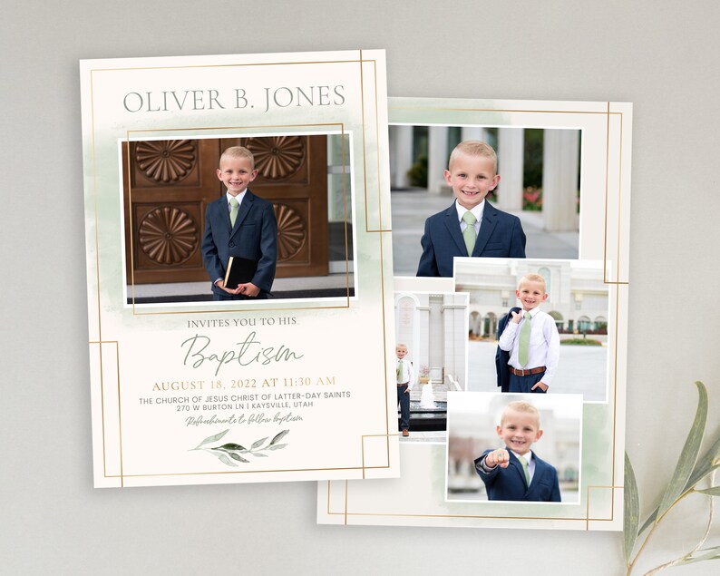 May include: A baptism invitation with a green watercolour background and gold accents. The invitation features a photo of a young boy in a suit and tie. The text reads "Oliver B. Jones invites you to his Baptism August 18, 2022 at 11:30 AM The Church of Jesus Christ of Latter-day Saints 270 W Burton in Kaysville, Utah Reception to follow baptism"