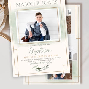May include: A green and gold baptism invitation featuring a photograph of a young boy in a suit. The invitation includes the boy's name, the date and time of the baptism, and the location of the church. The text "Baptisin" is written in a decorative font.
