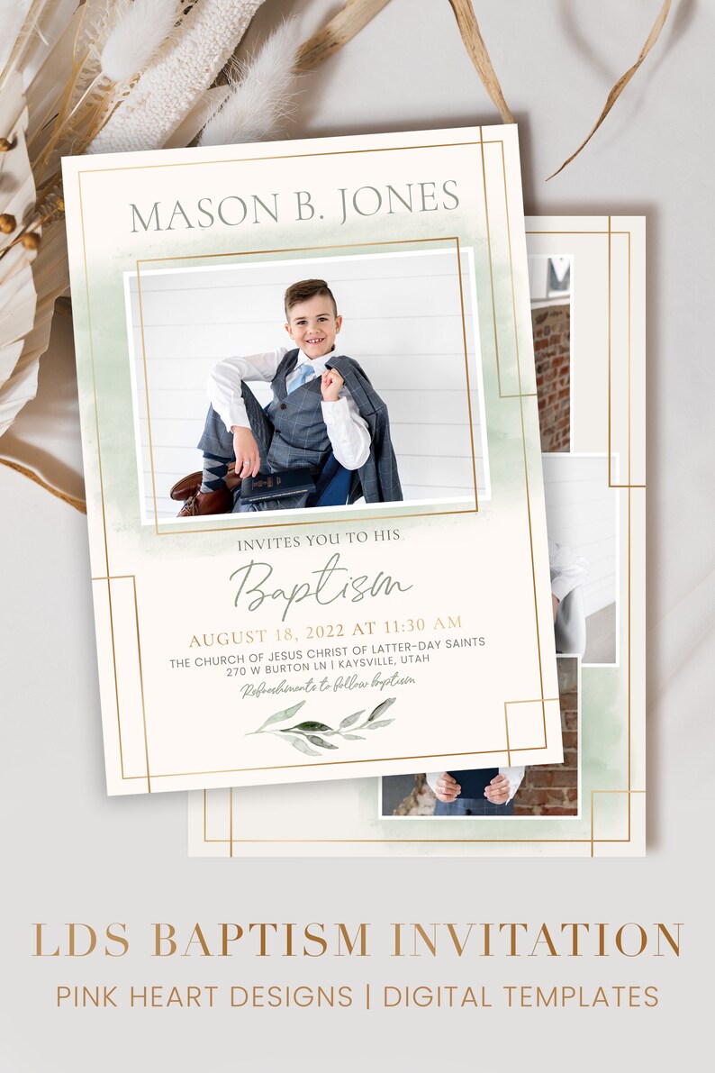 May include: A green and gold baptism invitation featuring a photograph of a young boy in a suit. The invitation includes the boy's name, the date and time of the baptism, and the location of the church. The text "Baptisin" is written in a decorative font.
