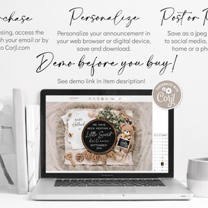May include: A laptop displays a baby announcement design with a teddy bear, ultrasound photo, and the text "We have been keeping a little secret due to arrive September 2024." The image also includes text about purchasing, personalizing, and posting the design.