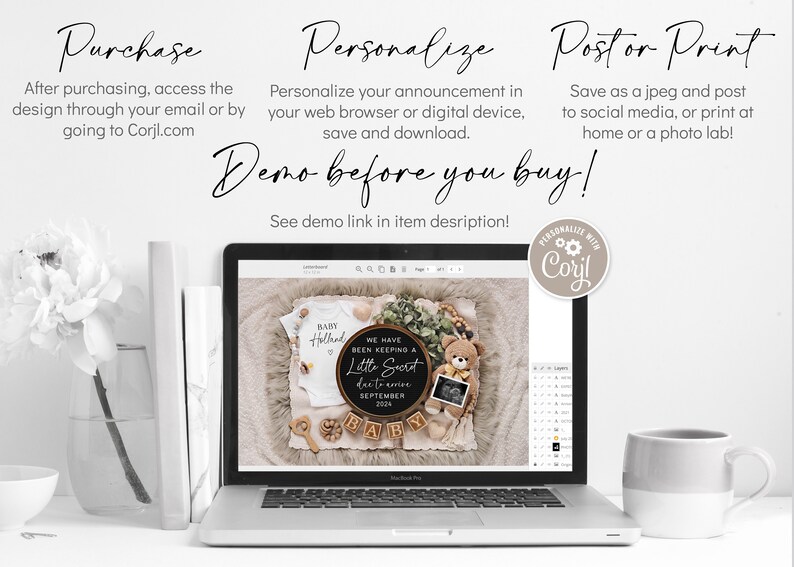 May include: A laptop displays a baby announcement design with a teddy bear, ultrasound photo, and the text "We have been keeping a little secret due to arrive September 2024." The image also includes text about purchasing, personalizing, and posting the design.