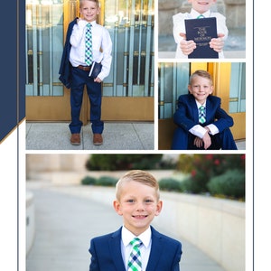 May include: A young person in a navy blue suit, white shirt, and a green and blue plaid tie, holding a book titled "THE BOOK OF MORMON". The image is a collage of several photos of the same person in different poses.