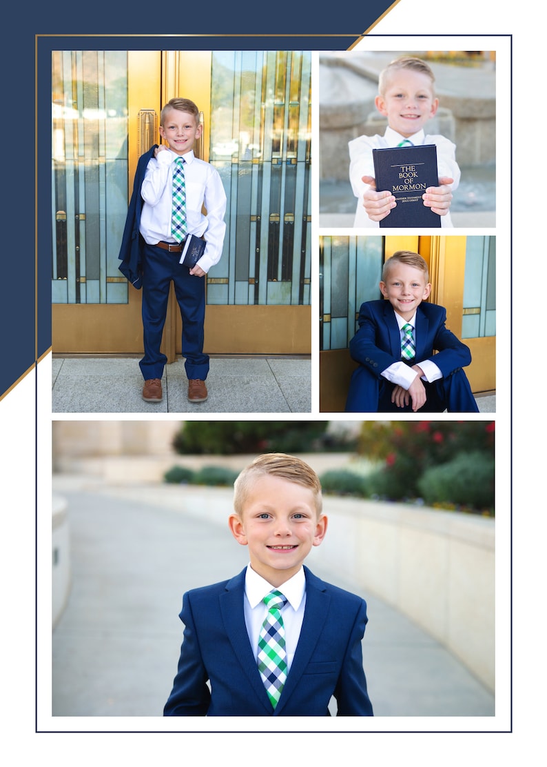 May include: A young person in a navy blue suit, white shirt, and a green and blue plaid tie, holding a book titled "THE BOOK OF MORMON". The image is a collage of several photos of the same person in different poses.