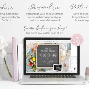 May include: A laptop screen displaying a digital announcement for a baby shower. The announcement features a chalkboard with the text "We're Eggspecting! Baby Smith October 2023". The announcement is surrounded by a blue and white background with a bouquet of yellow and pink tulips, a baby rattle, and a small photo of an ultrasound.